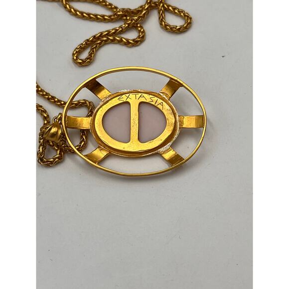 Extasia Signed Gold Tone Athena and Owl Intaglio Cameo Pendant Long Necklace - Picture 5 of 8